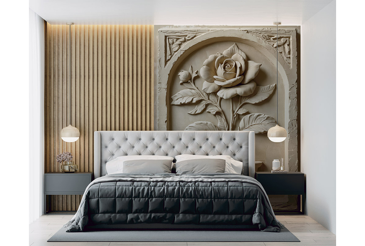 Фотообои «Каменная роза в вазе под барельеф» в интерьере