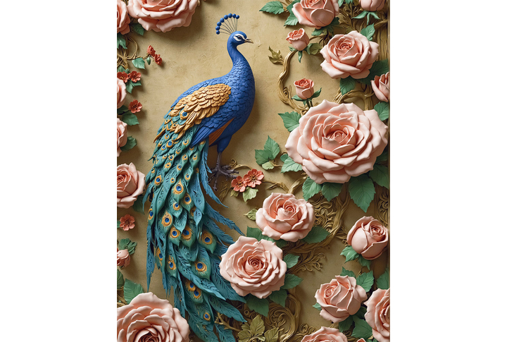 Фотообои «Большие розы и павлин»