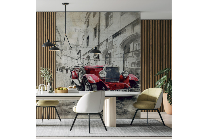 Фотообои «Красный авто на улице города под графику» в интерьере