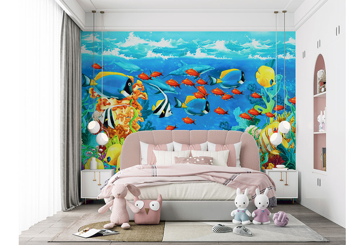 Фотообои «Рисованный подводный мир» в интерьере