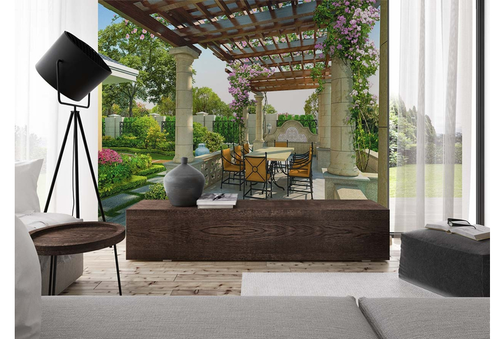 Фотообои «Терраса на веранде с колоннами и кафе в саду» в интерьере
