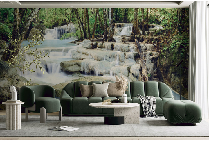 Фотообои «Водопад в лесу на камнях» в интерьере