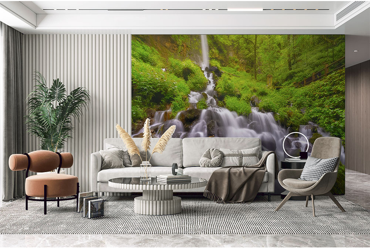 Фотообои «Падающий водопад в зелёных горах» в интерьере