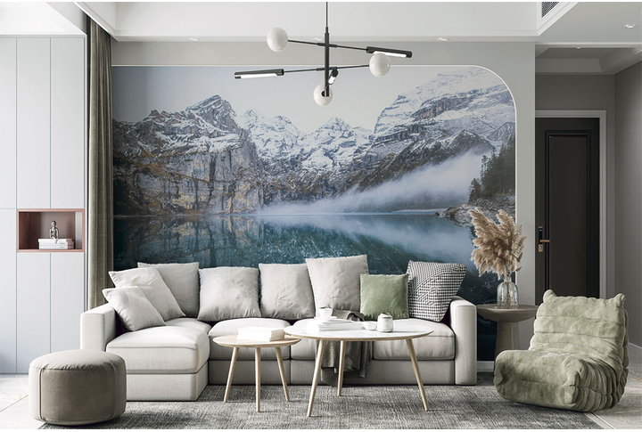 Фотообои «Озеро в туманных горах» в интерьере