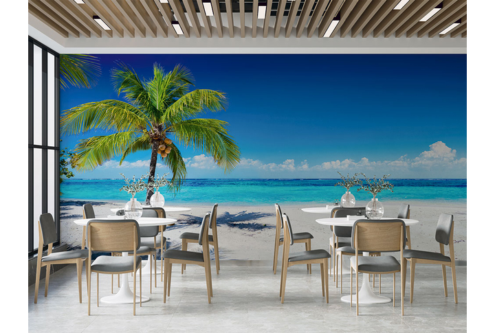 Фотообои «Панорама с пальмой у моря» в интерьере