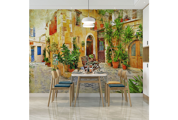 Фотообои «Зеленый цветущий уютный двор» в интерьере