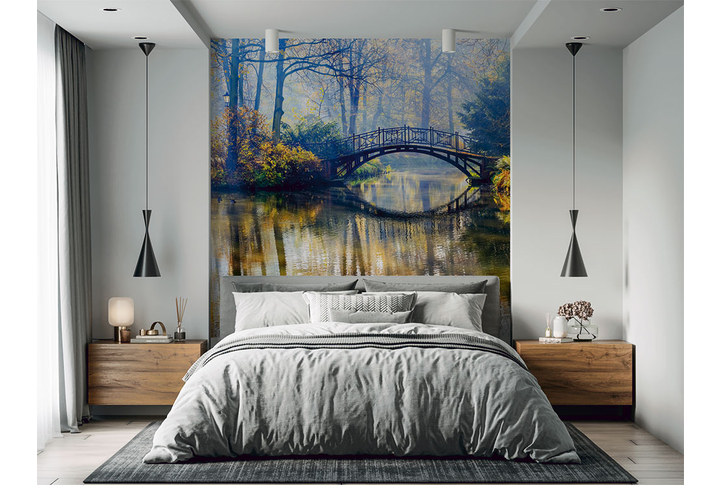 Фотообои «Утро в осеннем лесу, парк в тумане» в интерьере