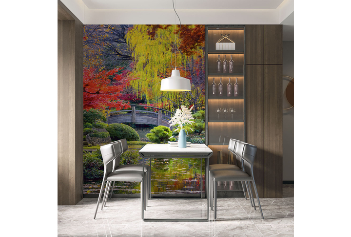 Фотообои «Мостик в осеннем лесном парке» в интерьере