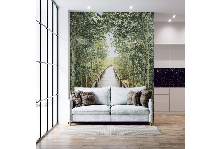 Фотообои «Деревянная тропинка через лес» в интерьере