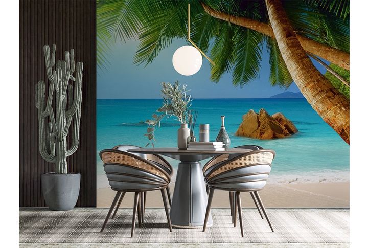 Фотообои «Морской прибой у берега под пальмами» в интерьере