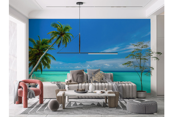 Фотообои «Бирюзовый морской пейзаж с пальмами» в интерьере