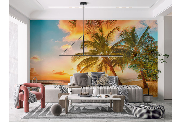 Фотообои «Закат над пальмами на пляже у моря» в интерьере