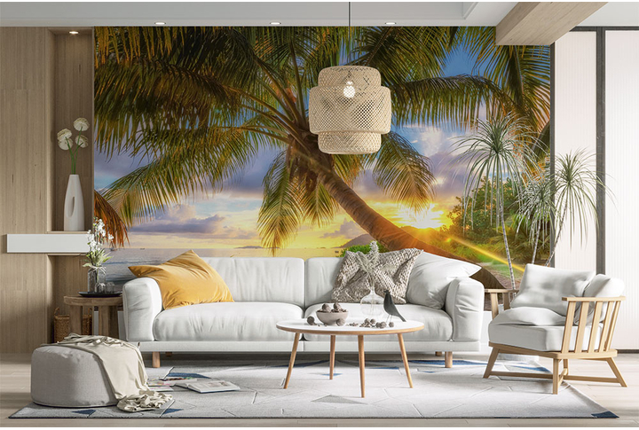 Фотообои «Пальма в свете заката на морском берегу» в интерьере