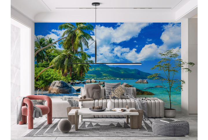 Фотообои «Пальмы на берегу тропического острова в море» в интерьере