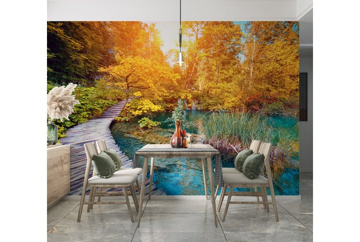 Фотообои «Дорожка вдоль реки в осеннем лесу» в интерьере