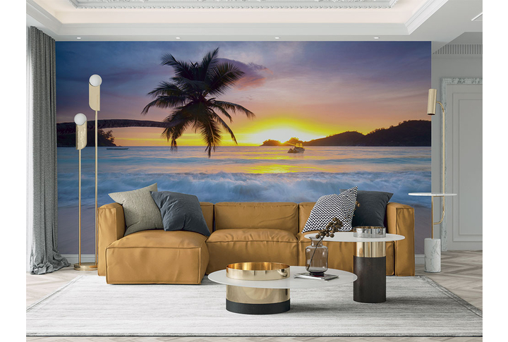 Фотообои «Пальма и морские волны на закате» в интерьере