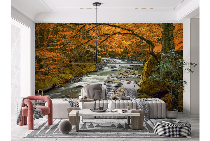 Фотообои «Река в осеннем лесу» в интерьере