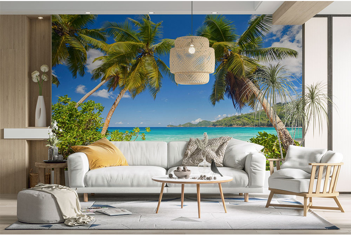 Фотообои «Морское побережье с пальмами» в интерьере