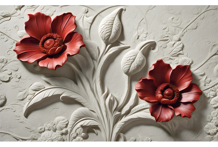 Фотообои «Красные цветы на штукатурке под барельеф»