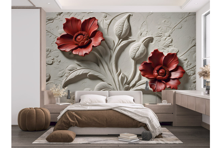 Фотообои «Красные цветы на штукатурке под барельеф» в интерьере