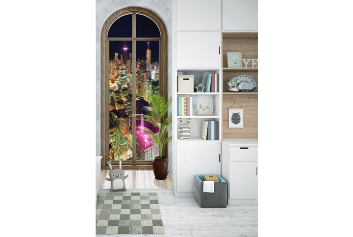 Фотообои «Окно с видами ночного Чикаго» в интерьере