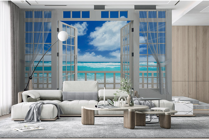Фотообои «3D Окно на балконе с видом на морской прибой» в интерьере