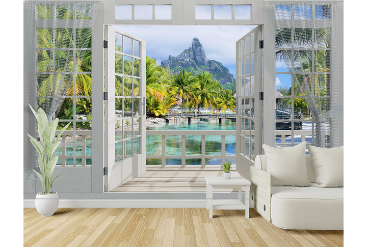Фотообои «Окно на террасе с видом на море и пальмы» в интерьере