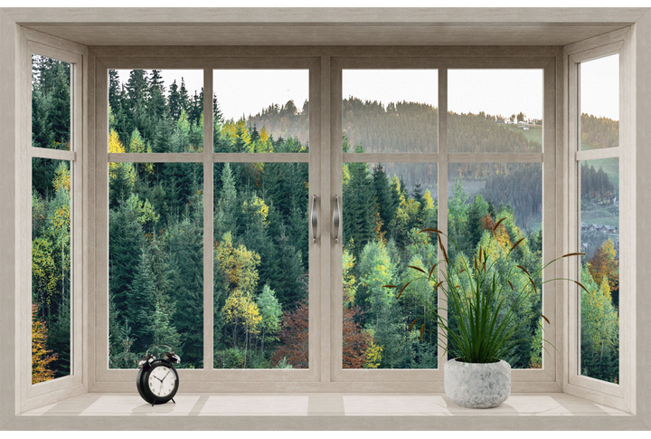 Фотообои «Бежевое окно с видом на еловый лес в горах осенью»