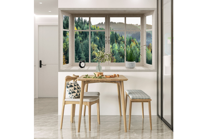 Фотообои «Бежевое окно с видом на еловый лес в горах осенью» в интерьере