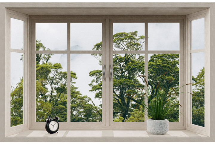 Фотообои «Закрытое окно с видом на лес и деревья в тумане»
