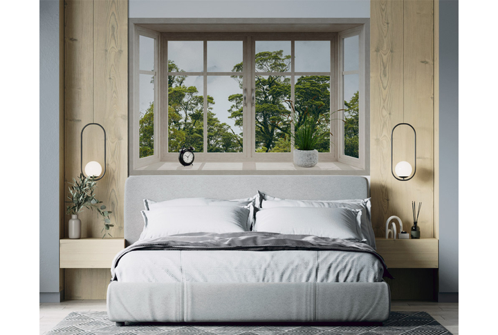 Фотообои «Закрытое окно с видом на лес и деревья в тумане» в интерьере