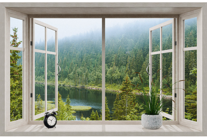 Фотообои «3Д Открытое окно с видом на туманный лес у реки»