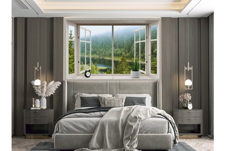 Фотообои «3Д Открытое окно с видом на туманный лес у реки» в интерьере