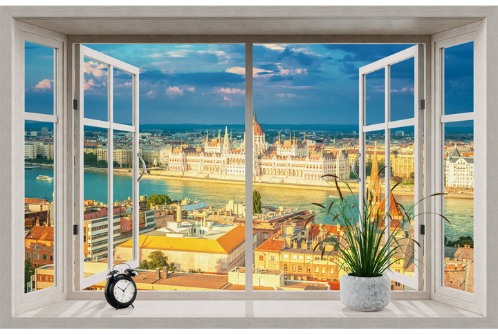 Фотообои «Вид из распахнутого окна на солнечный город Будапешт»
