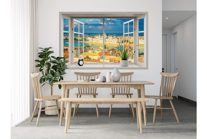 Фотообои «Вид из распахнутого окна на солнечный город Будапешт» в интерьере