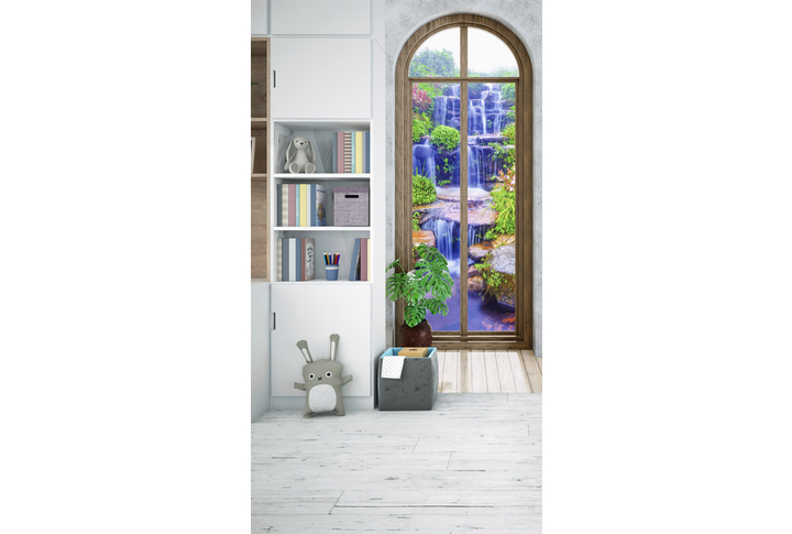 Фотообои «Узкое окно с видом на водопады» в интерьере