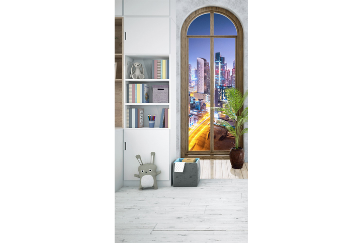 Фотообои «Вид из окна на ночной город Дубай» в интерьере