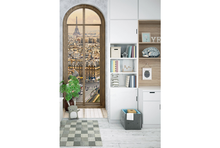 Фотообои «Окно с видом на Париж и Эйфелеву башню» в интерьере