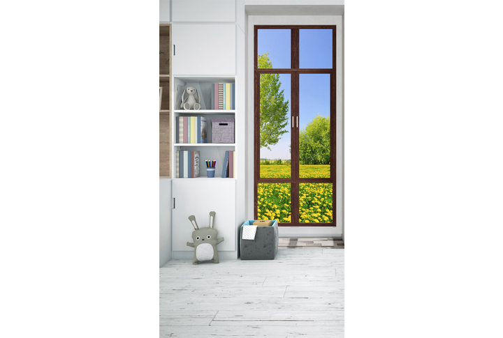 Фотообои «Окно с видом на поле одуванчиков» в интерьере