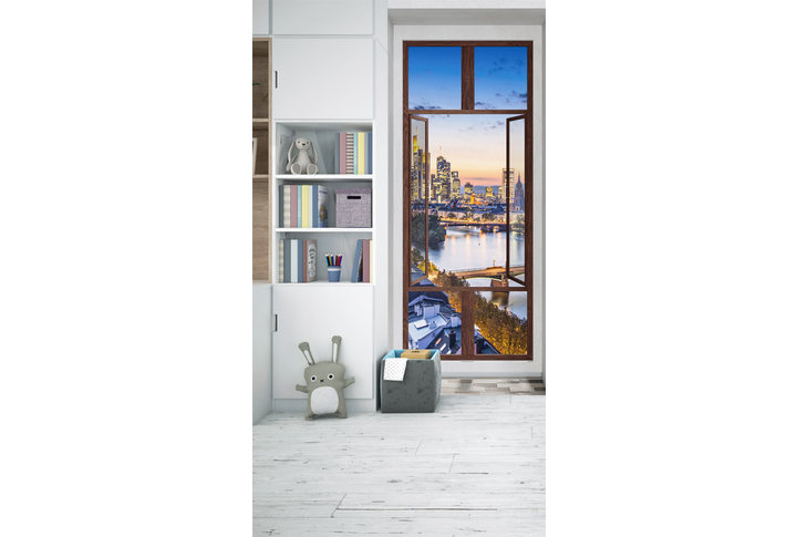 Фотообои «Окно с видом на ночной город Франкфурт» в интерьере