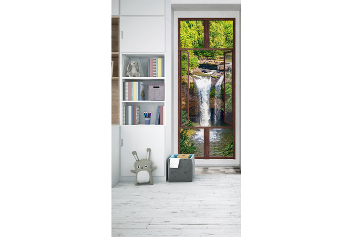 Фотообои «Открытое окно у водопада в лесу» в интерьере