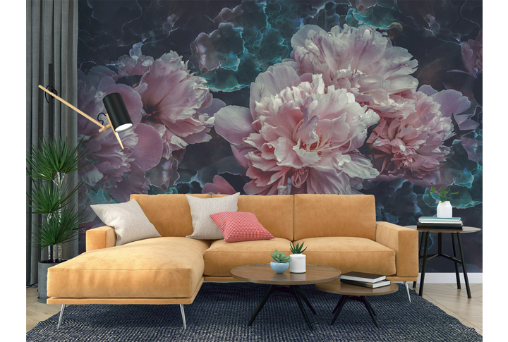 Фотообои «Ночные розовые пионы» в интерьере