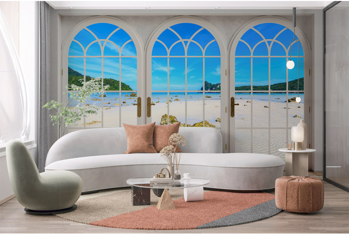 Фотообои «Вид из окна на берег моря» в интерьере