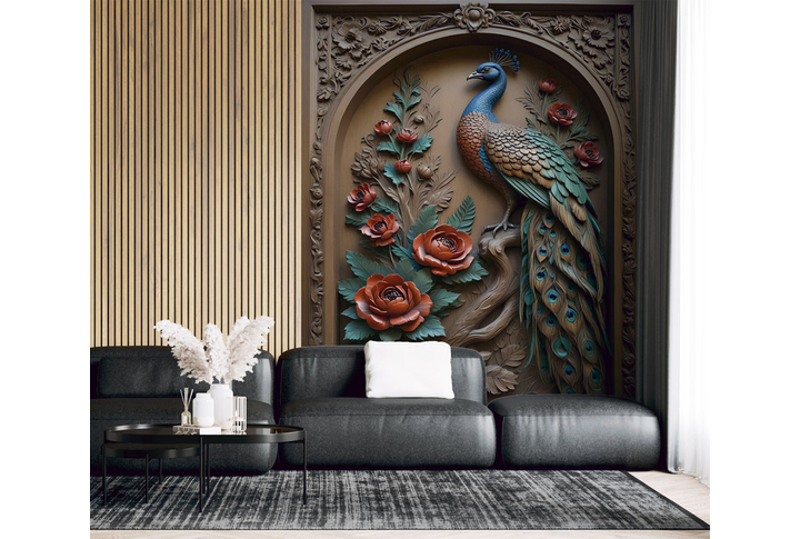 Фотообои «Павлин в китайском стиле под барельеф» в интерьере