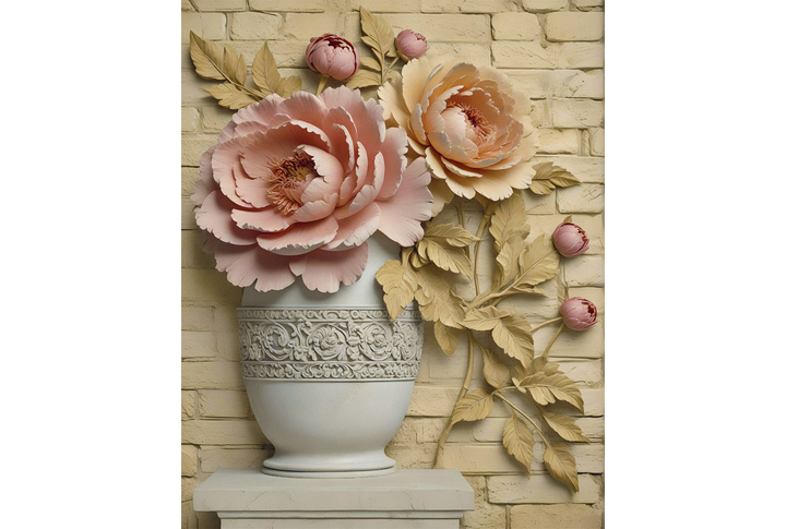 Фотообои «Колонна с пионами и вазой под барельеф»