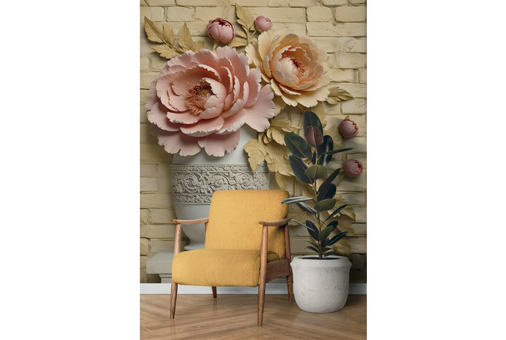 Фотообои «Колонна с пионами и вазой под барельеф» в интерьере