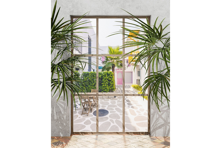 Фотообои «Окно во дворик старого города Санторини»