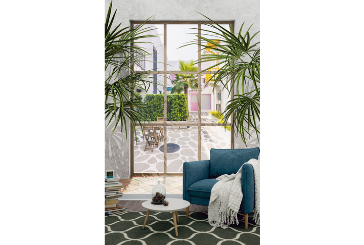 Фотообои «Окно во дворик старого города Санторини» в интерьере