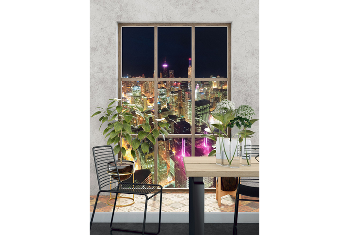 Фотообои «Окно с видом на ночной город Чикаго» в интерьере