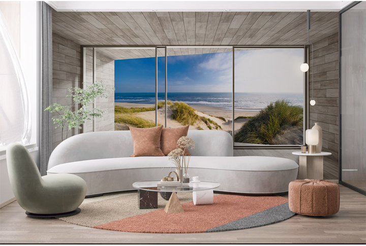 Фотообои «Вид из окна на пустынный морской пляж»